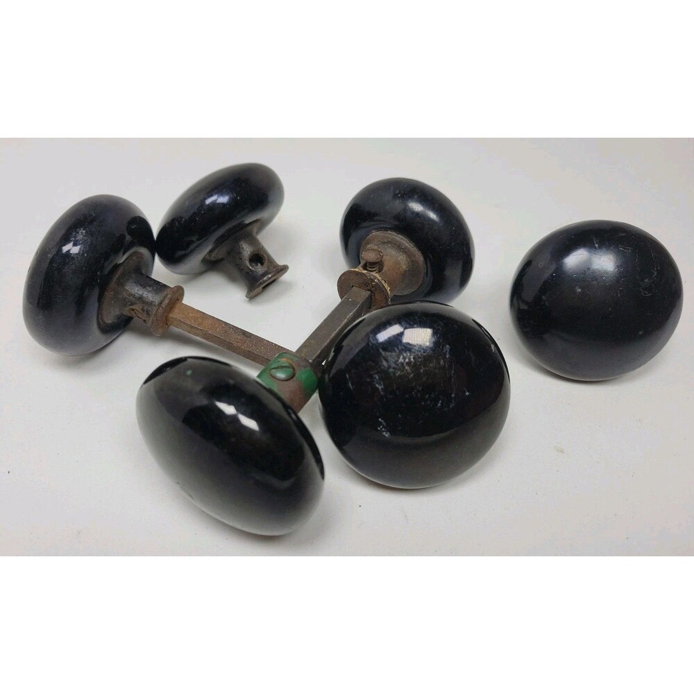 6 Vintage Black Glossy Porcelain Door Knobs 2 Spindles Ebony Victorian Colonial